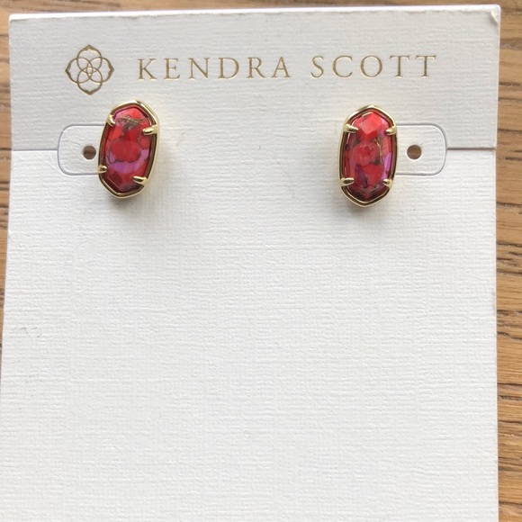 Kendra Scott Grayson Bronze Veined Red Fuchsia Magnesite Stud Earrings NWT - Picture 7 of 14